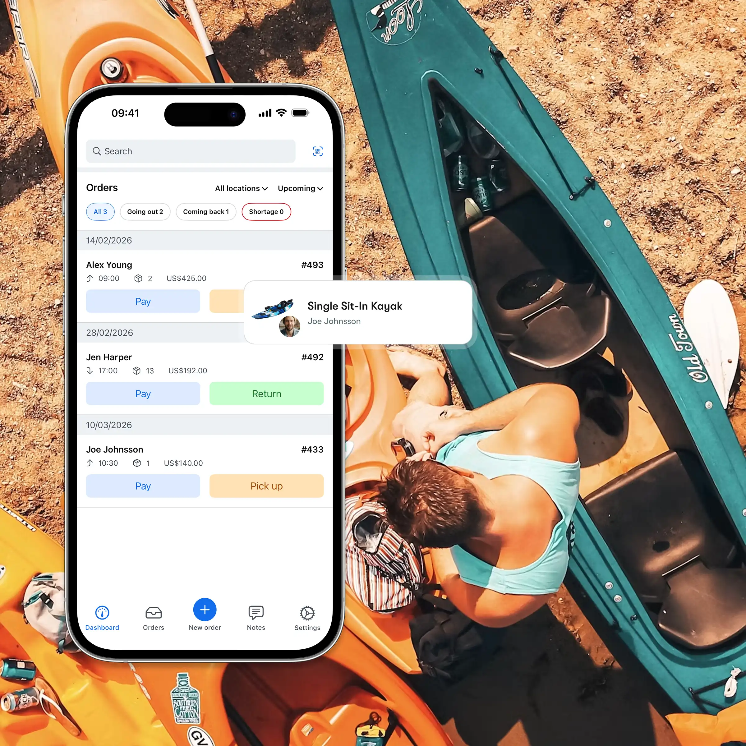 Booqable's kayak rental software showing mobile app features