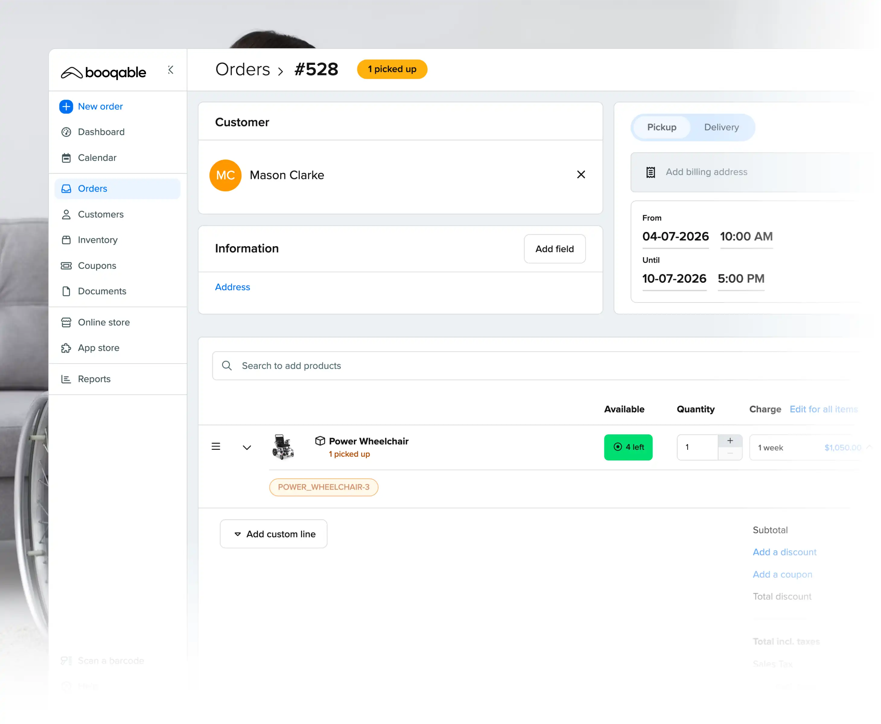 Rental pickup workflow using Booqable's medical equipment rental software