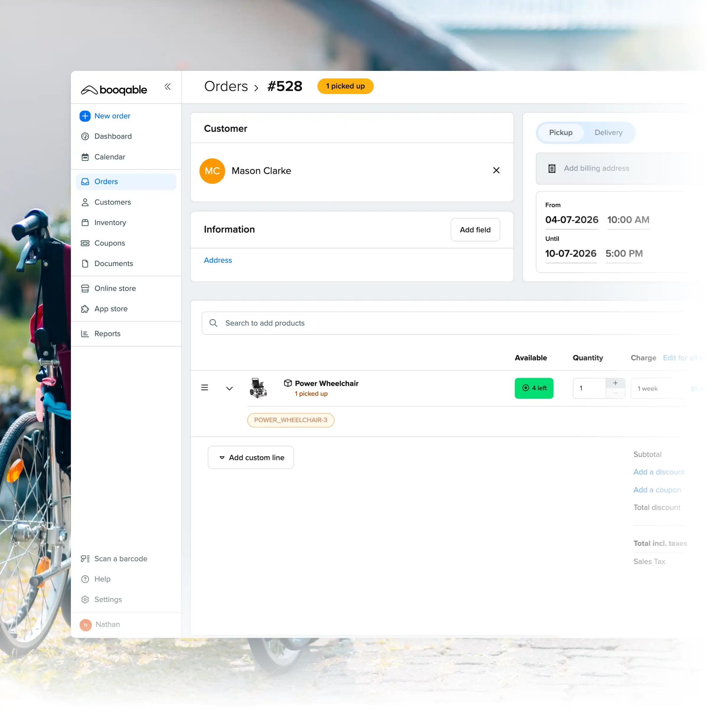 Booqable's medical equipment rental software showing order management features
