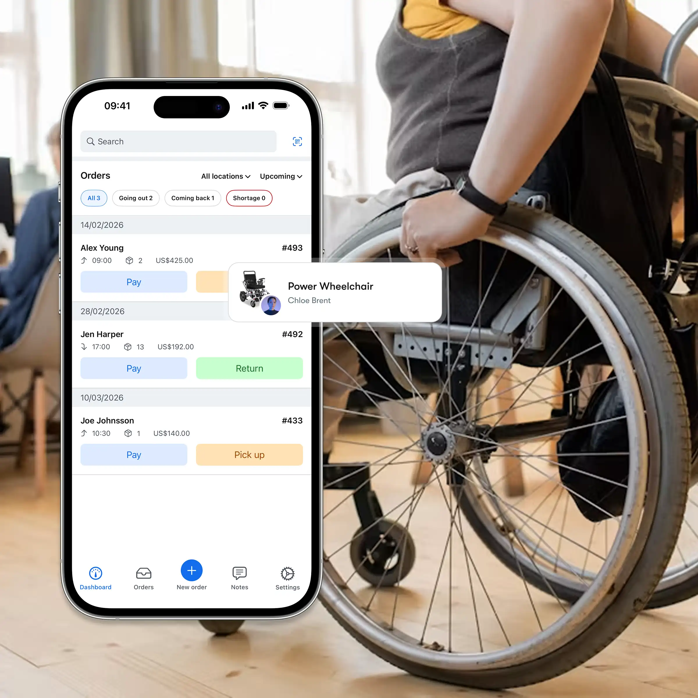Booqable's medical equipment rental software showing mobile app features