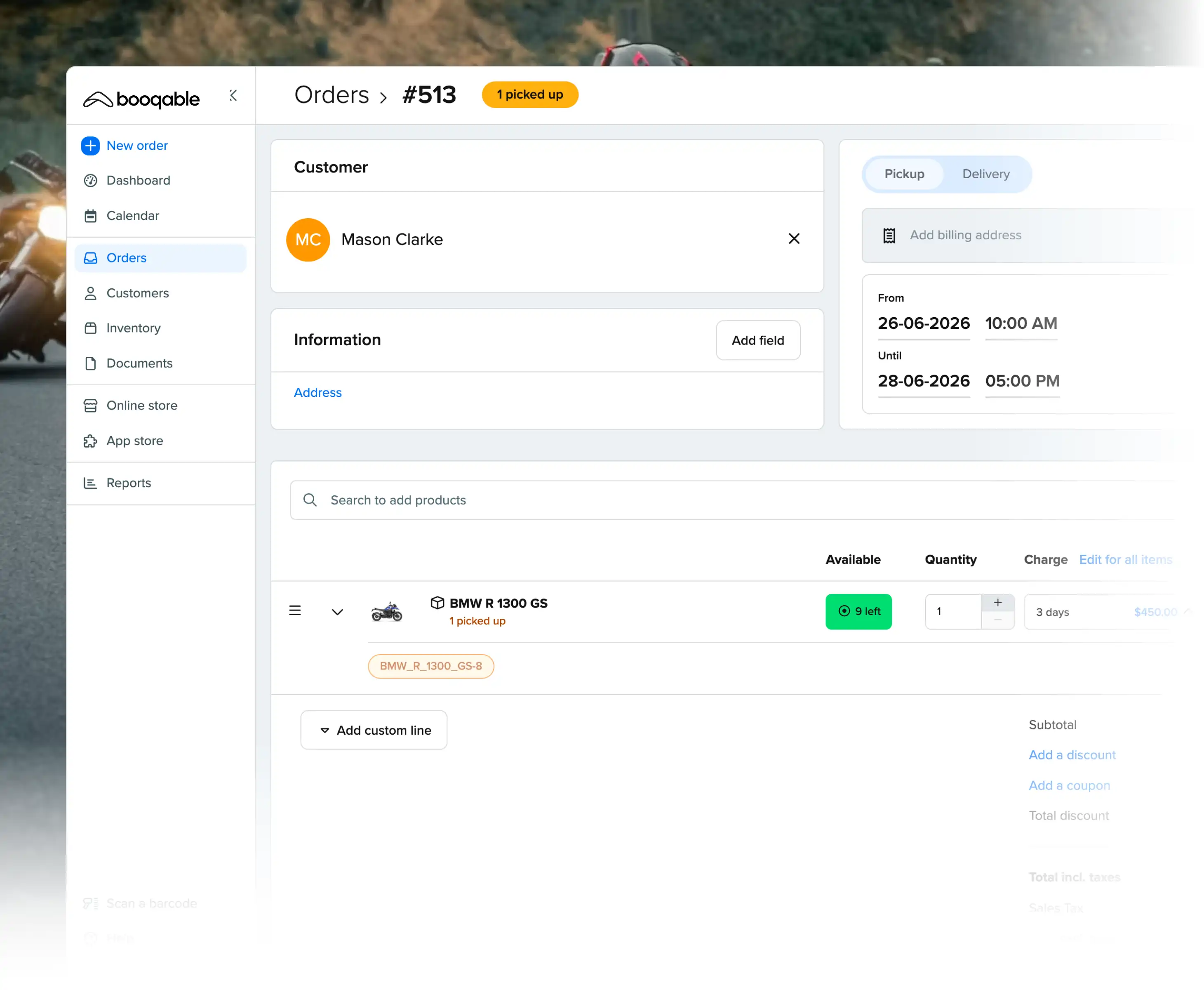 Rental pickup workflow using Booqable's motorcycle rental software