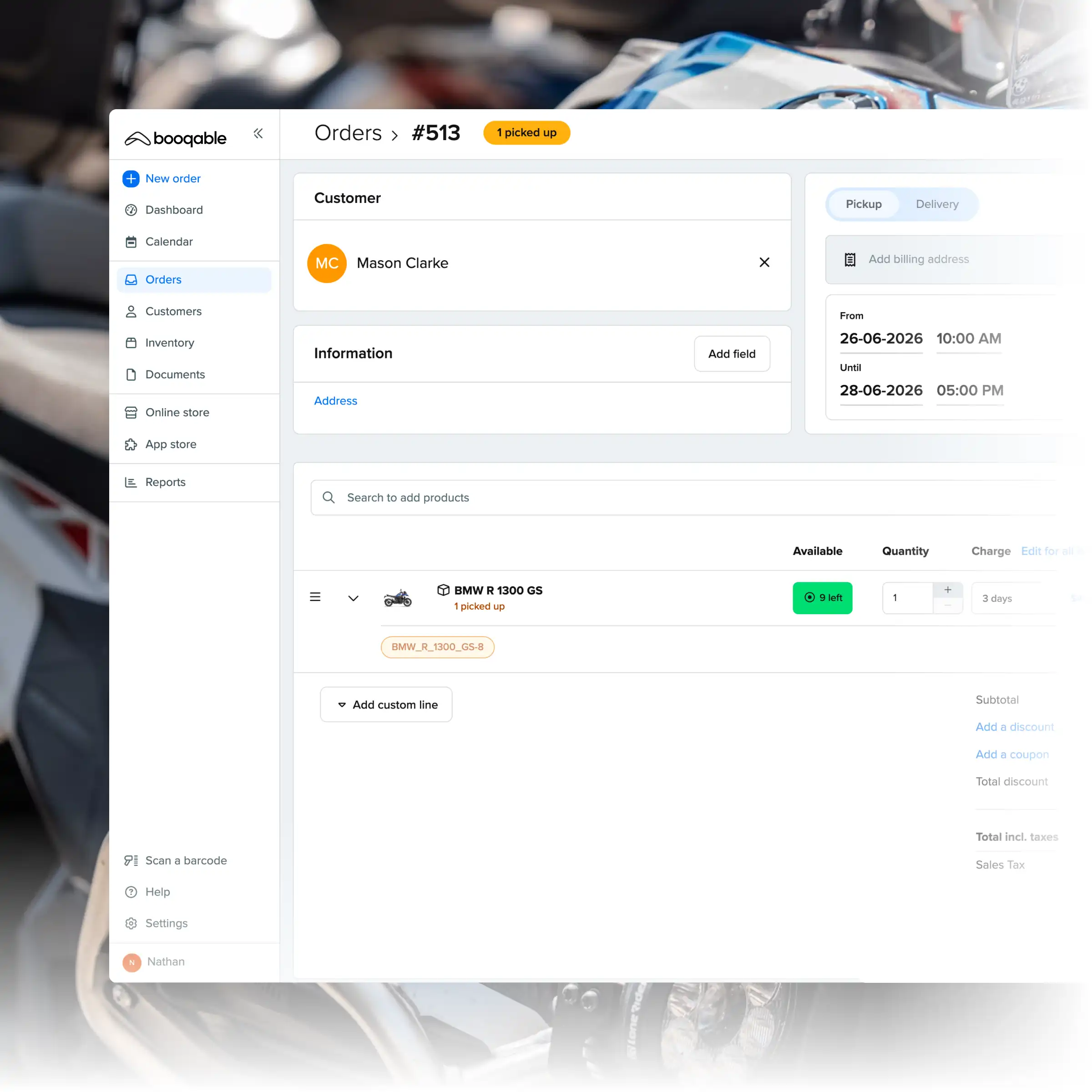 Booqable's motorcycle rental software showing order management features