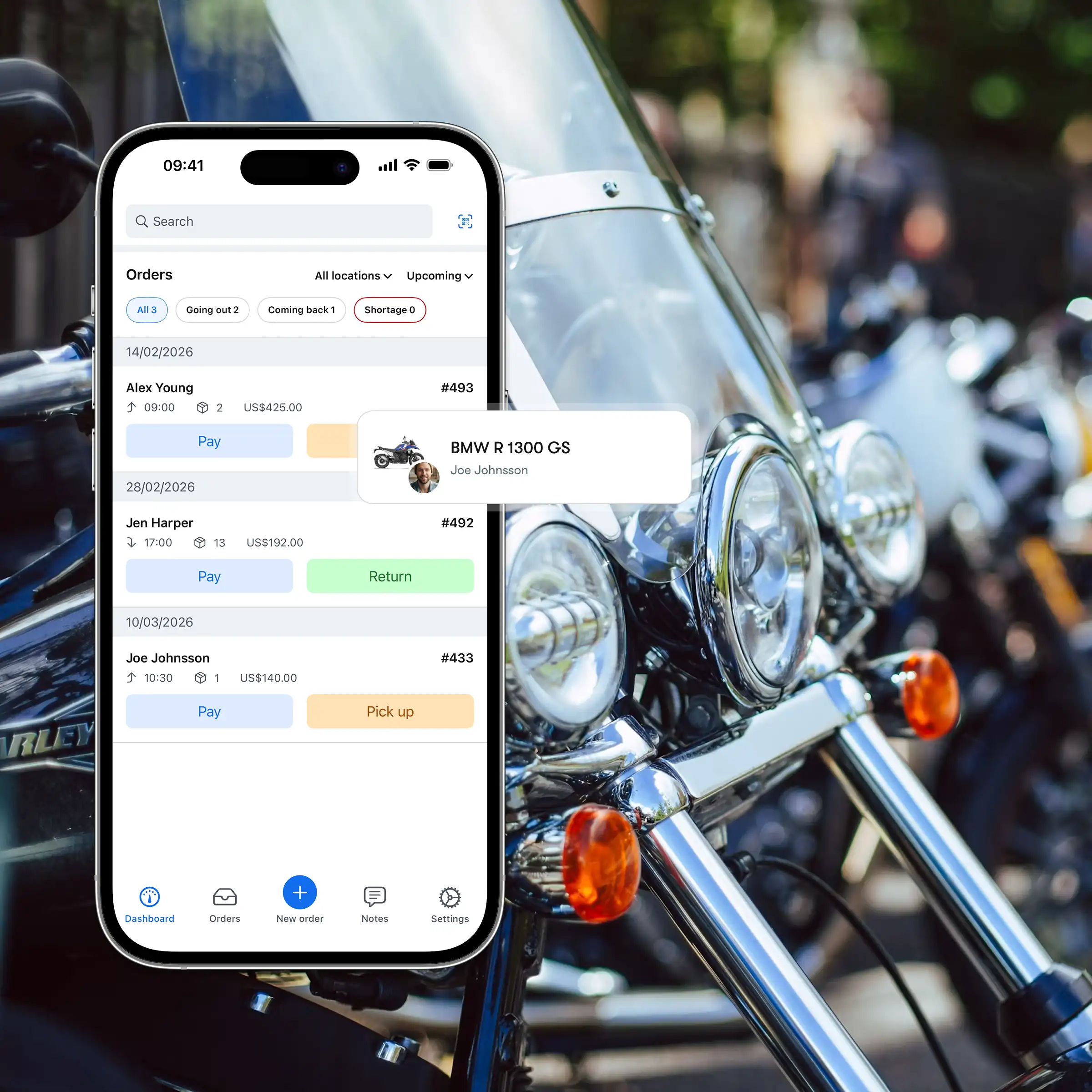 Booqable's motorcycle rental software showing mobile app features