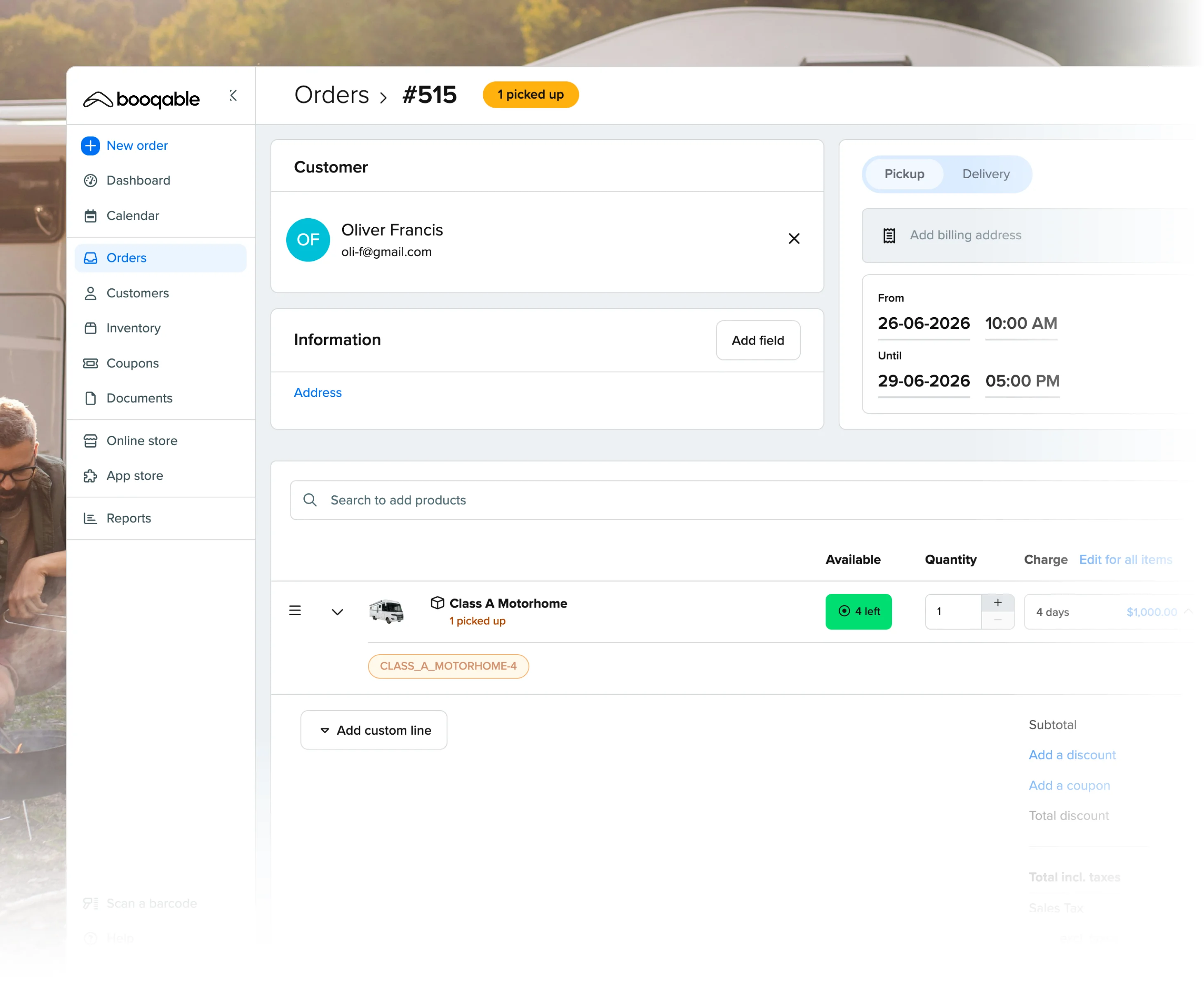 Rental pickup workflow using Booqable's RV rental software