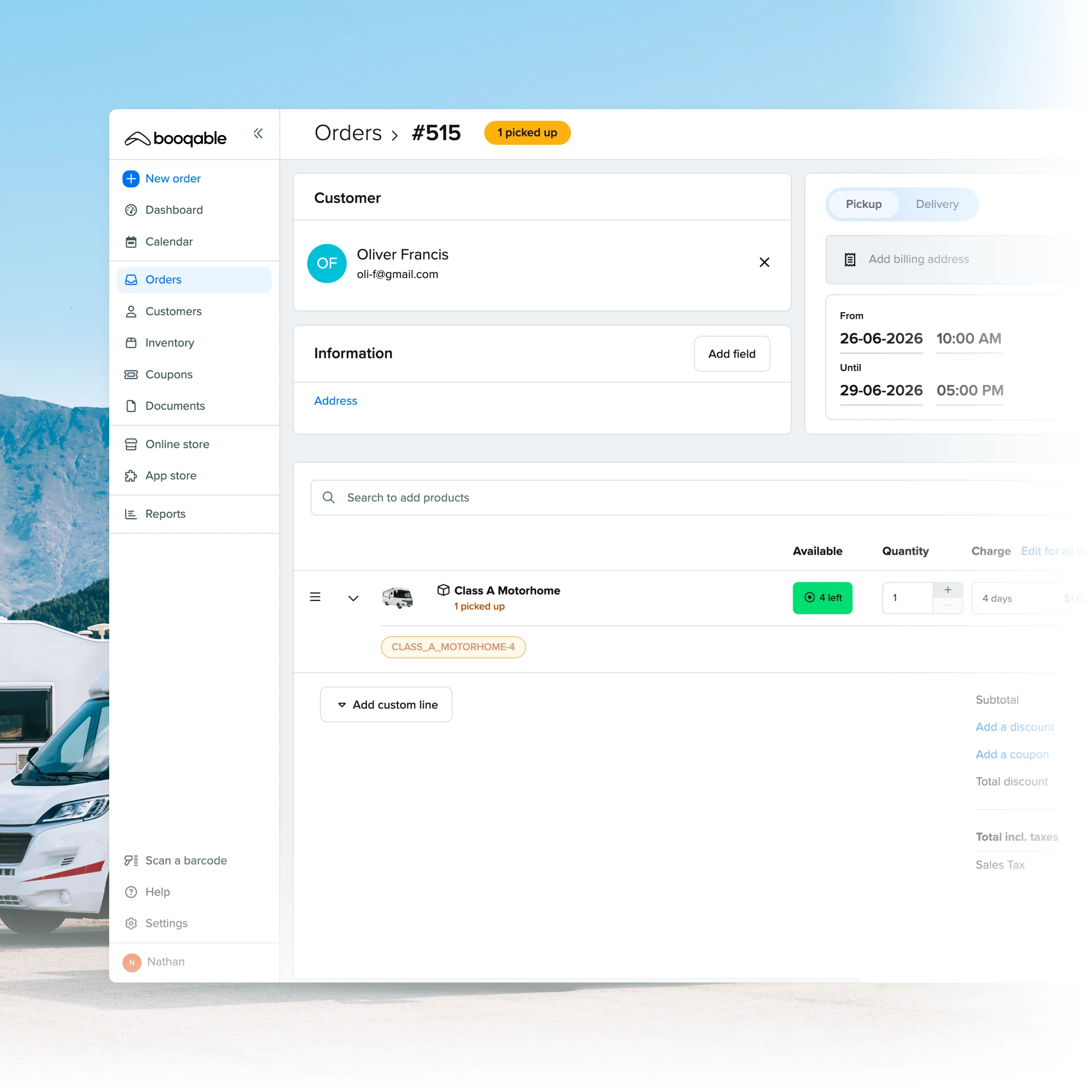 Booqable's RV rental software showing order management features