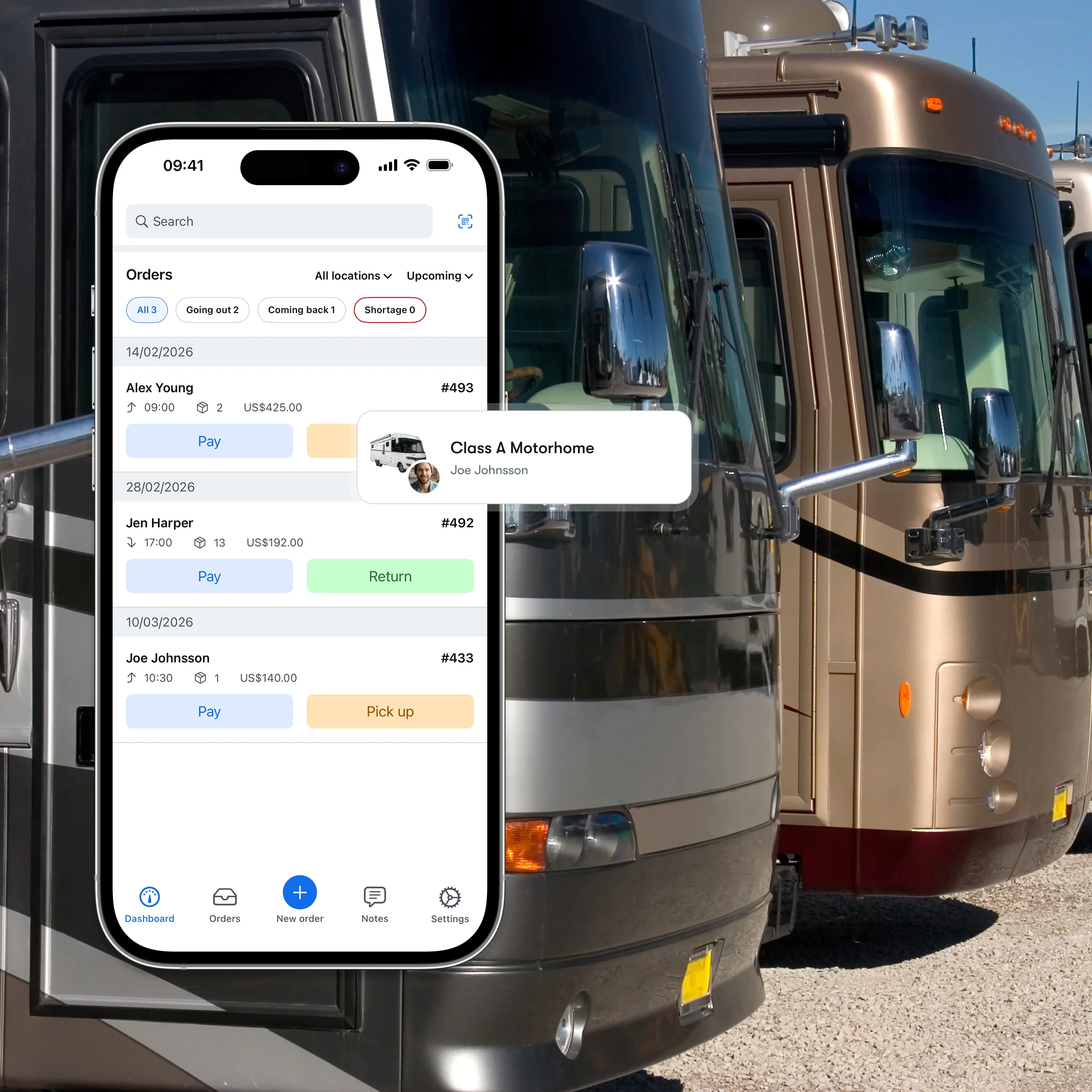 Booqable's RV rental software showing mobile app features