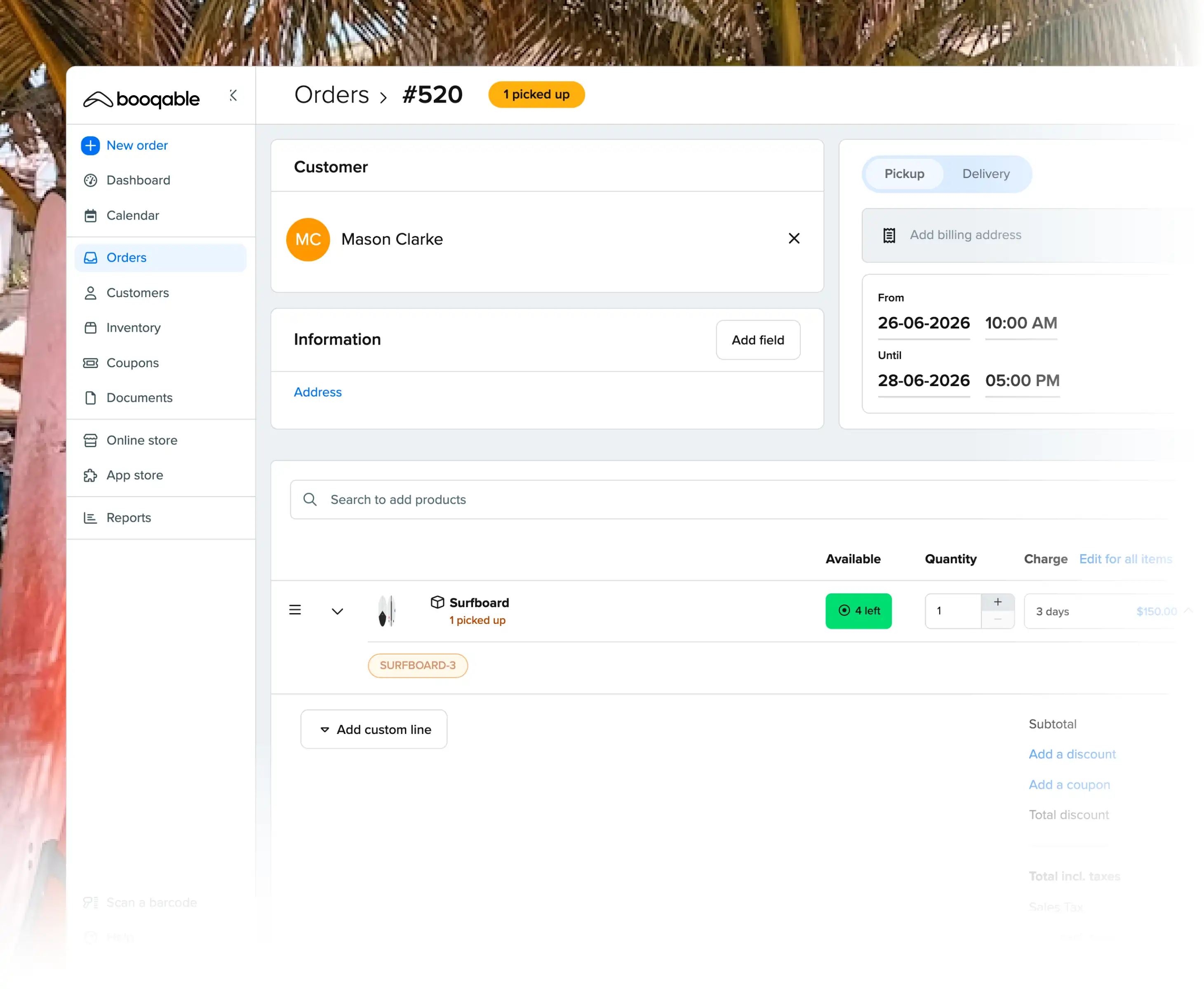 Rental pickup workflow using Booqable's sports equipment rental software