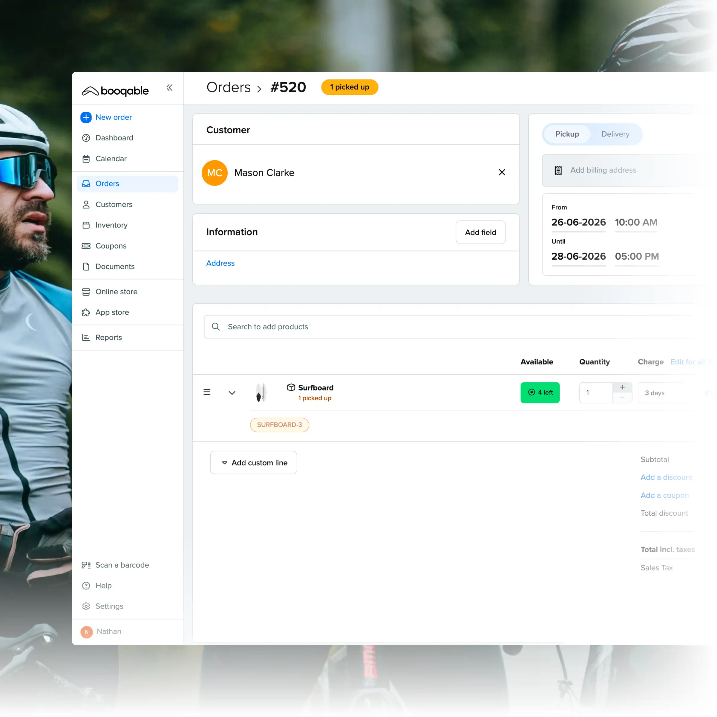 Booqable's sports equipment rental software showing order management features