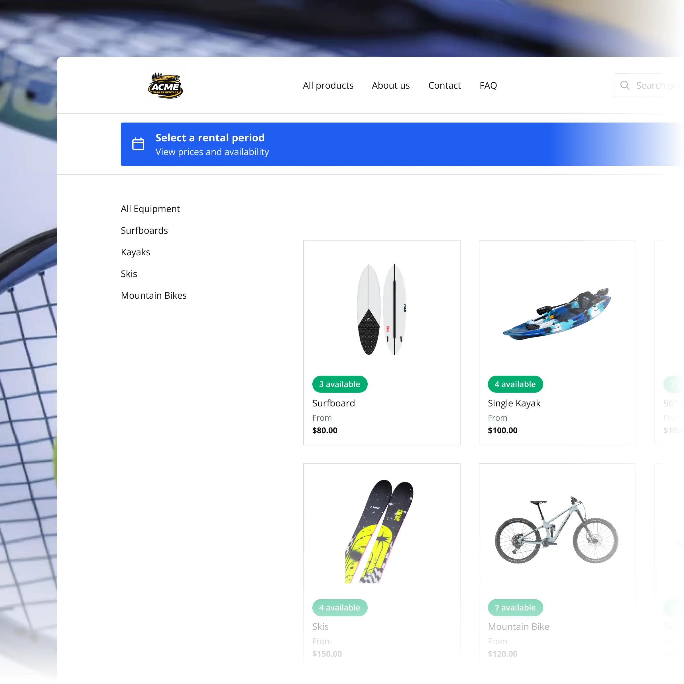 Booqable's sports equipment rental software showing rental workflow features
