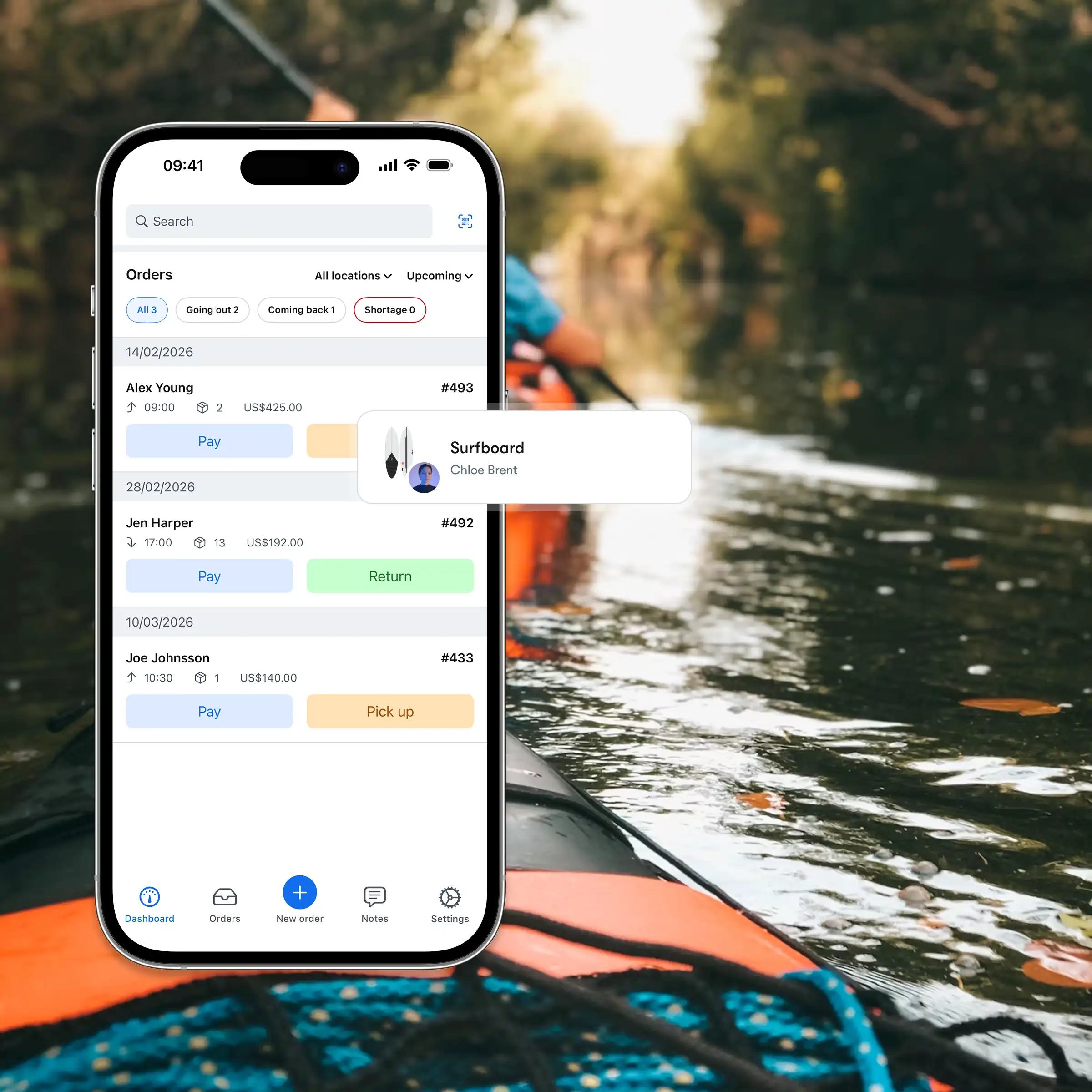 Booqable's sports equipment rental software showing mobile app features