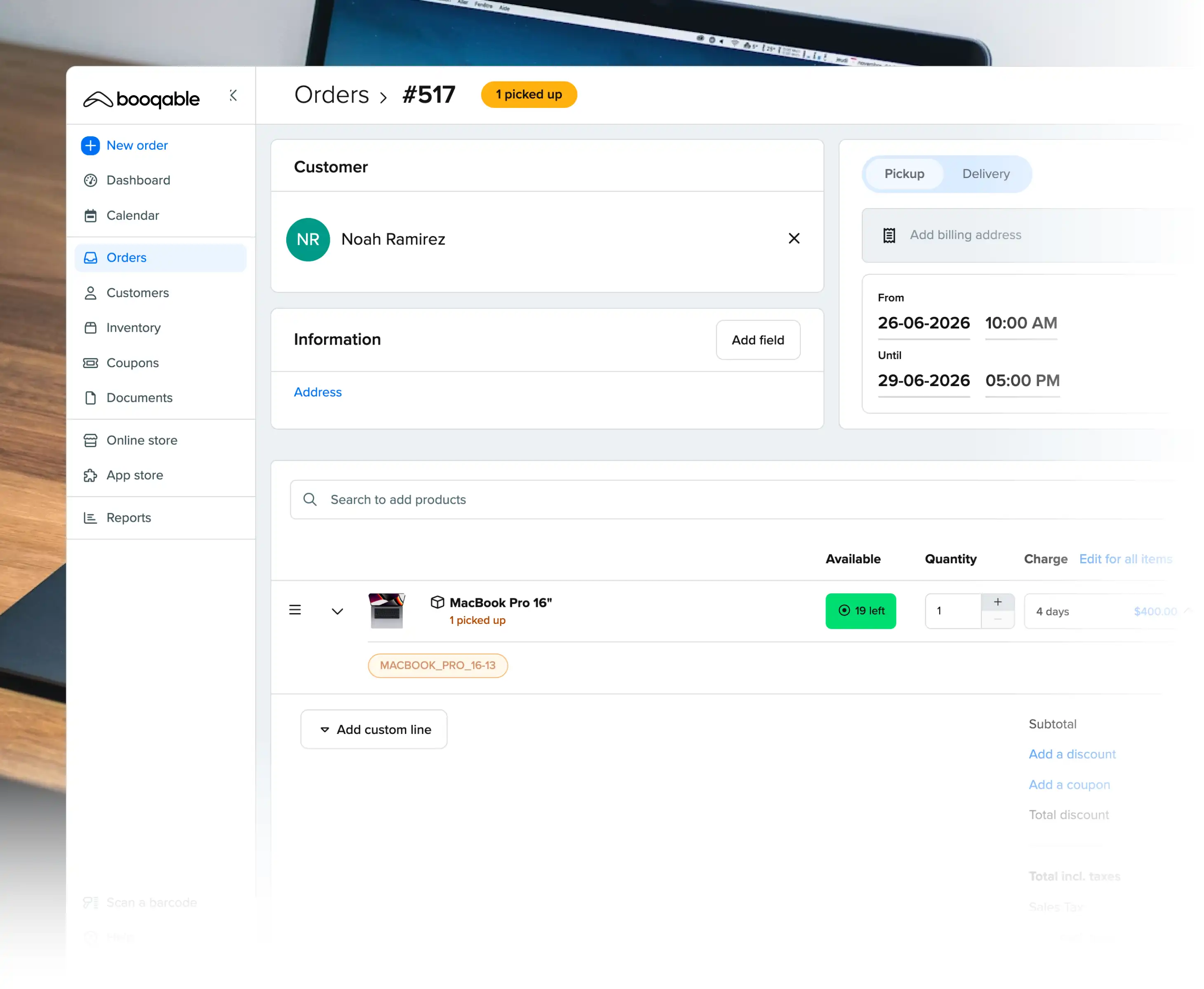 Rental pickup workflow using Booqable's technology rental software