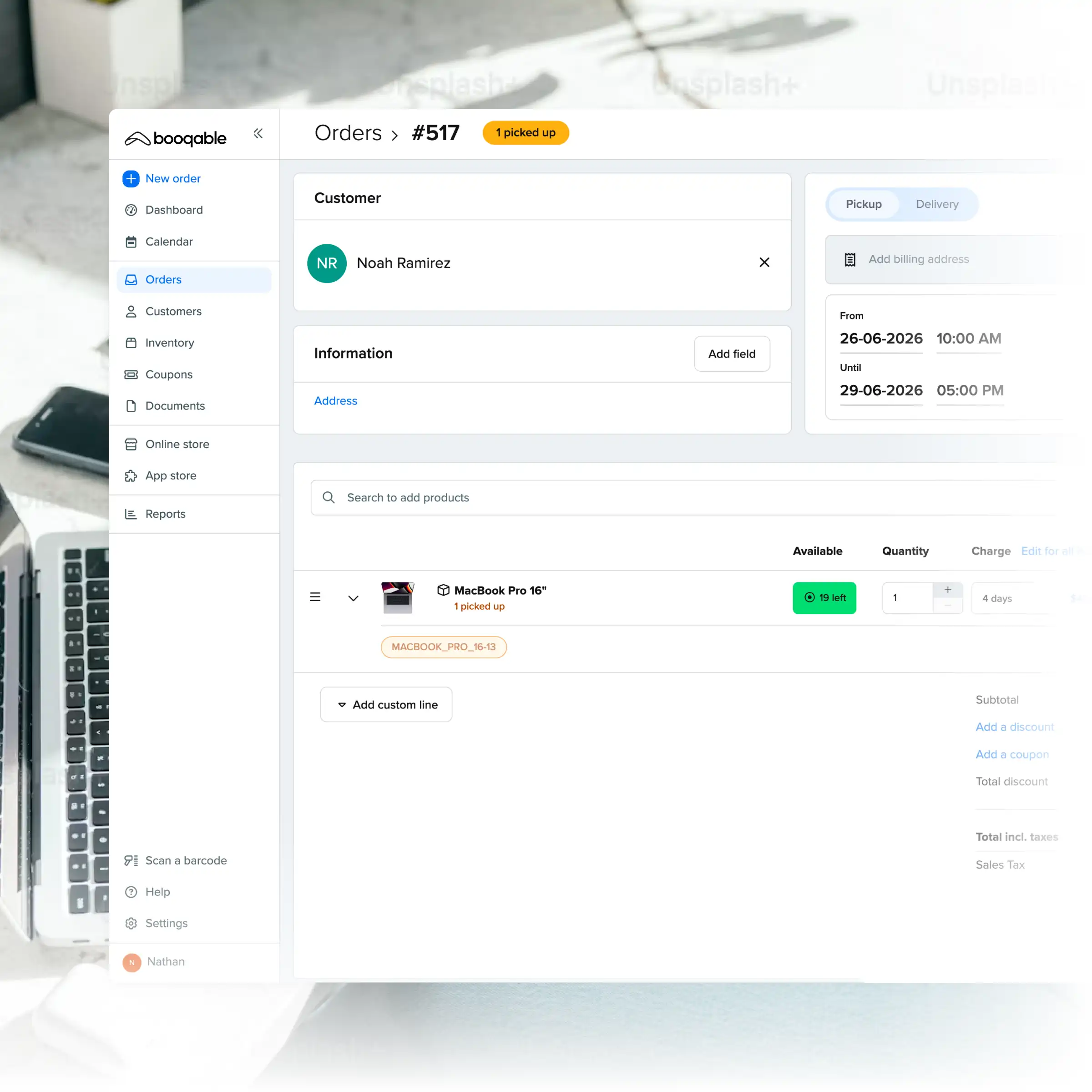 Booqable's technology rental software showing order management features