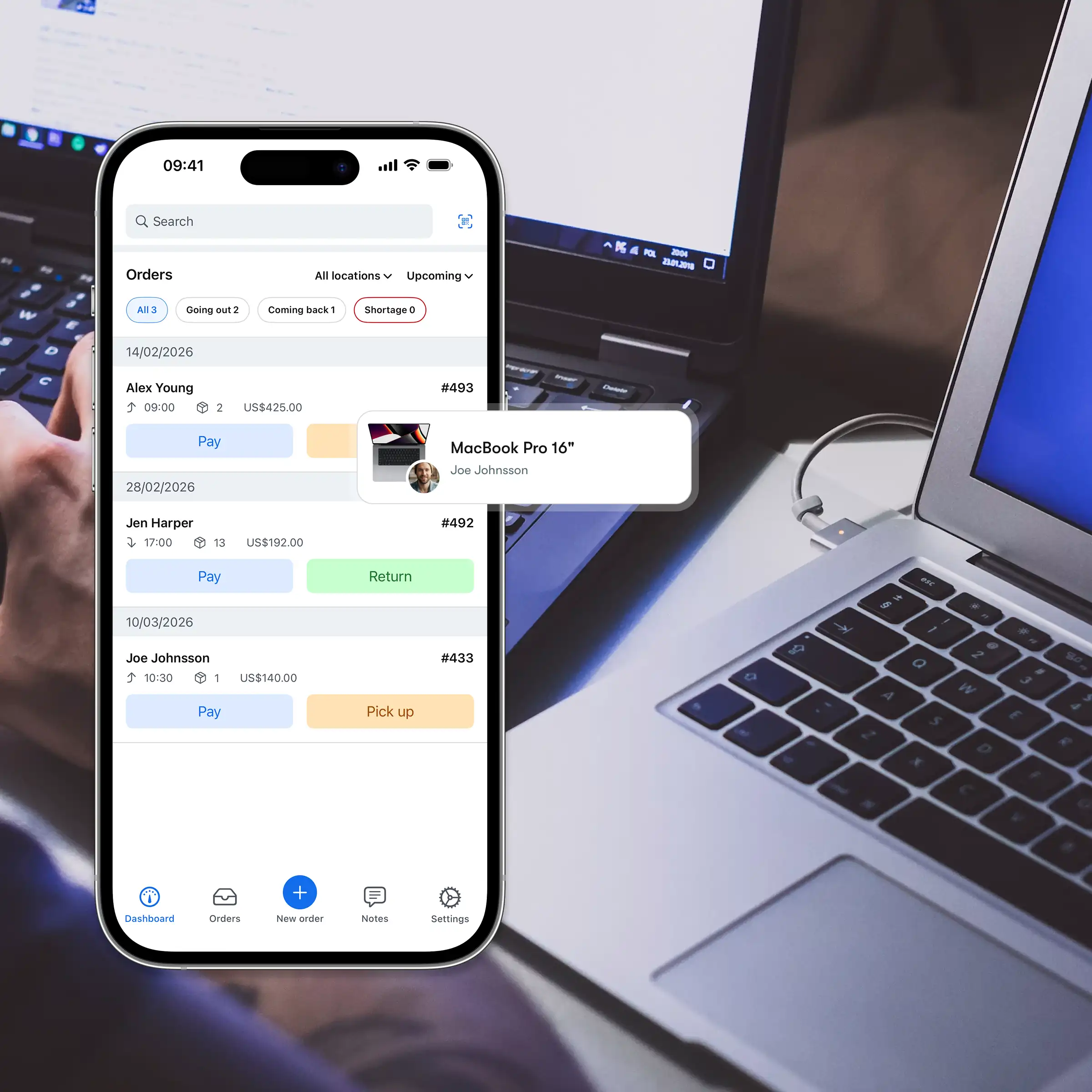 Booqable's technology rental software showing mobile app features