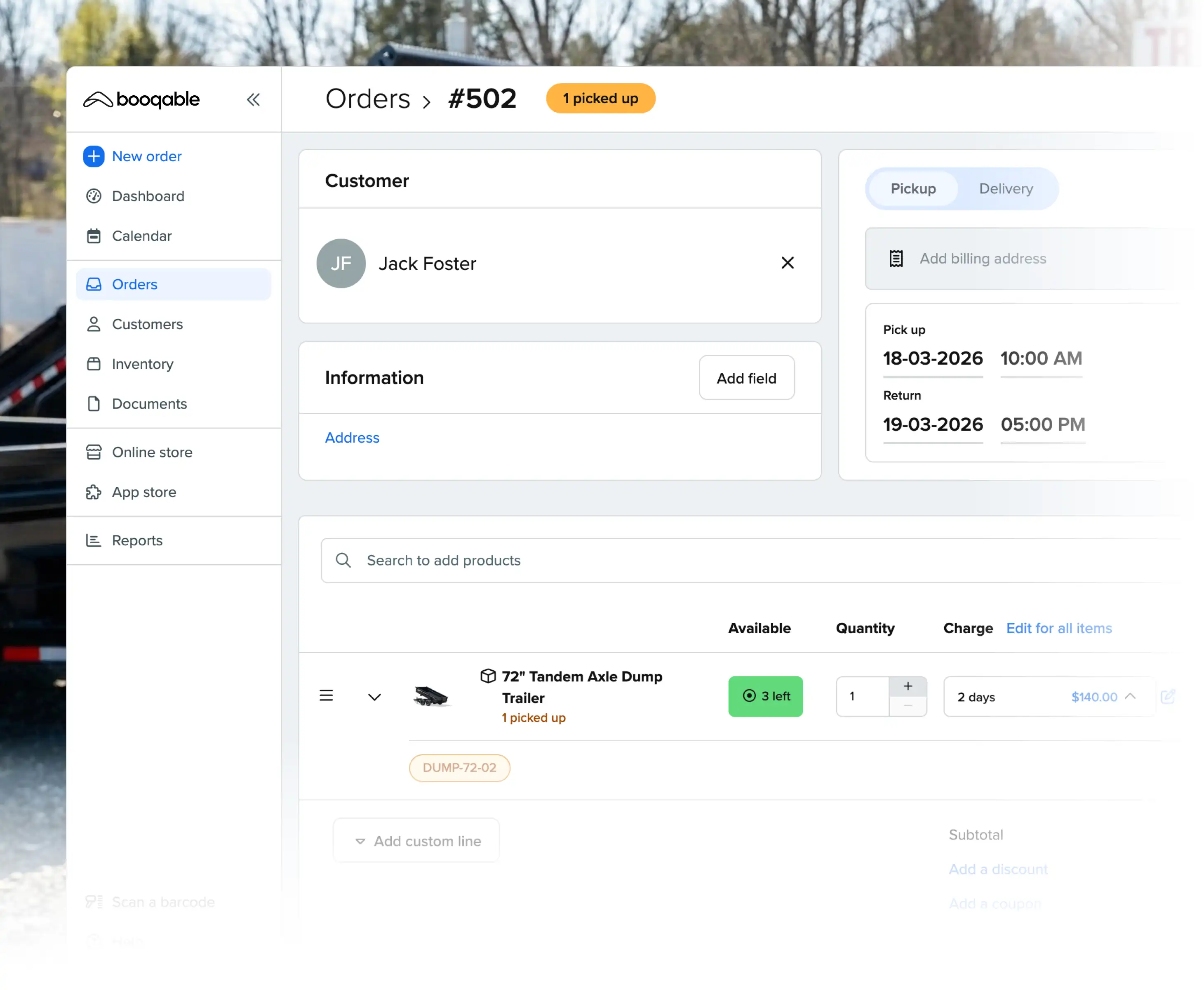 Rental pickup workflow using Booqable's trailer rental software