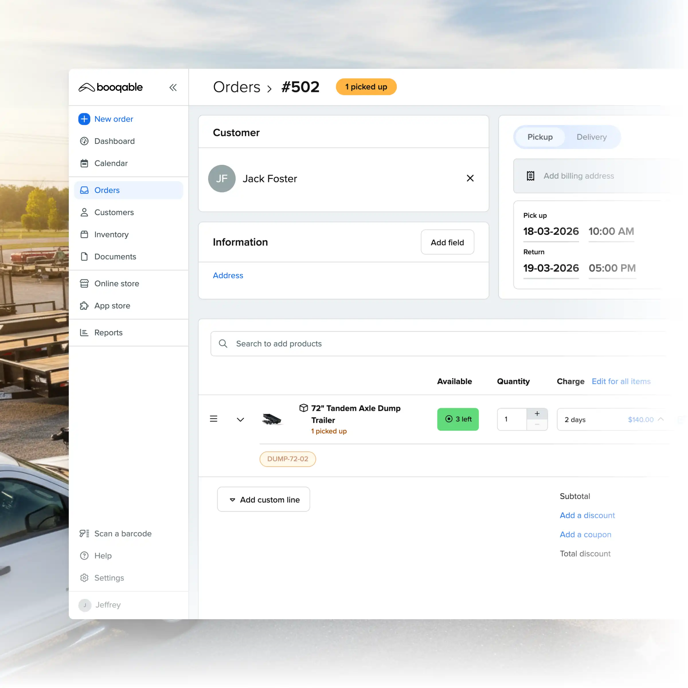 Booqable's trailer rental software showing order management features