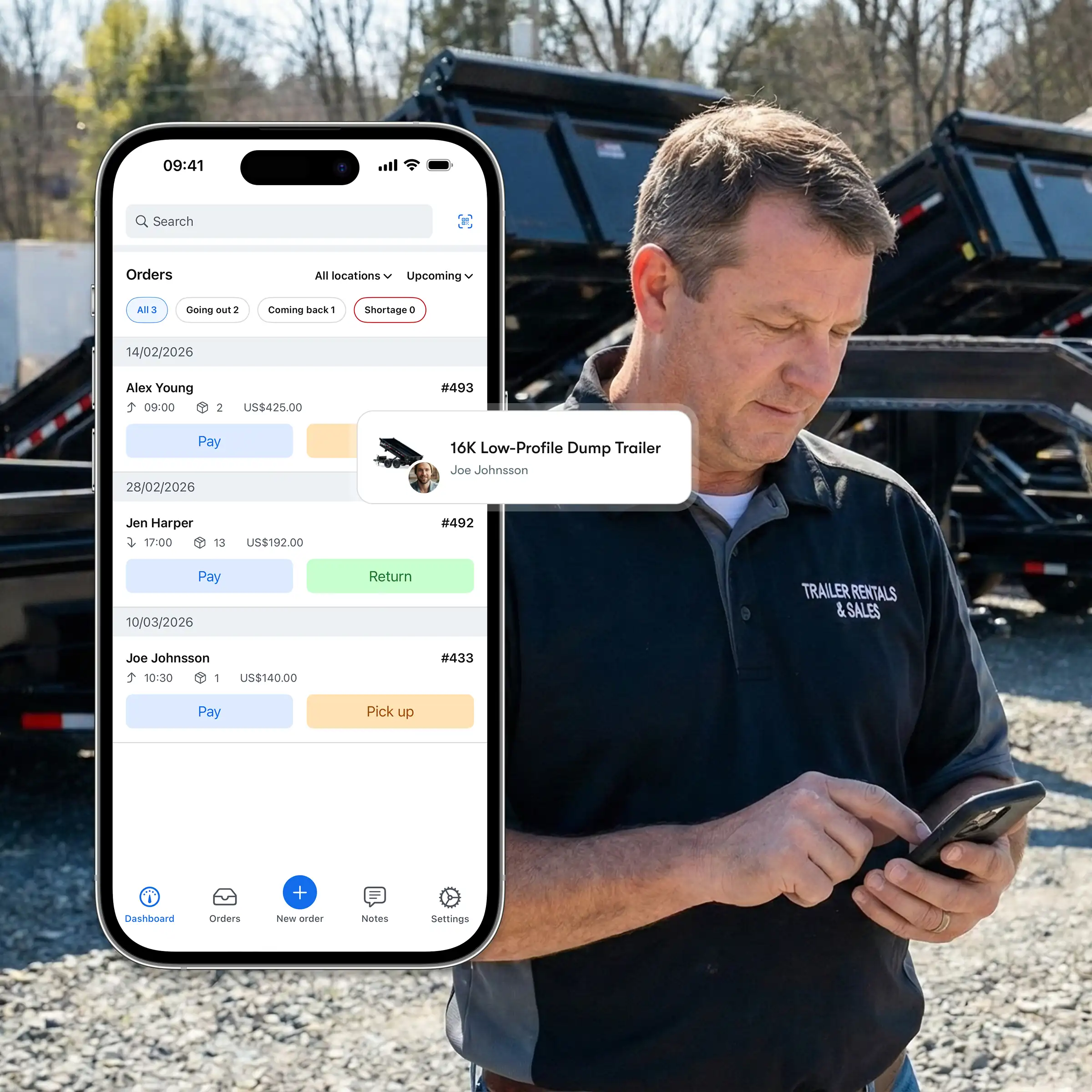 Booqable's trailer rental software showing mobile app features
