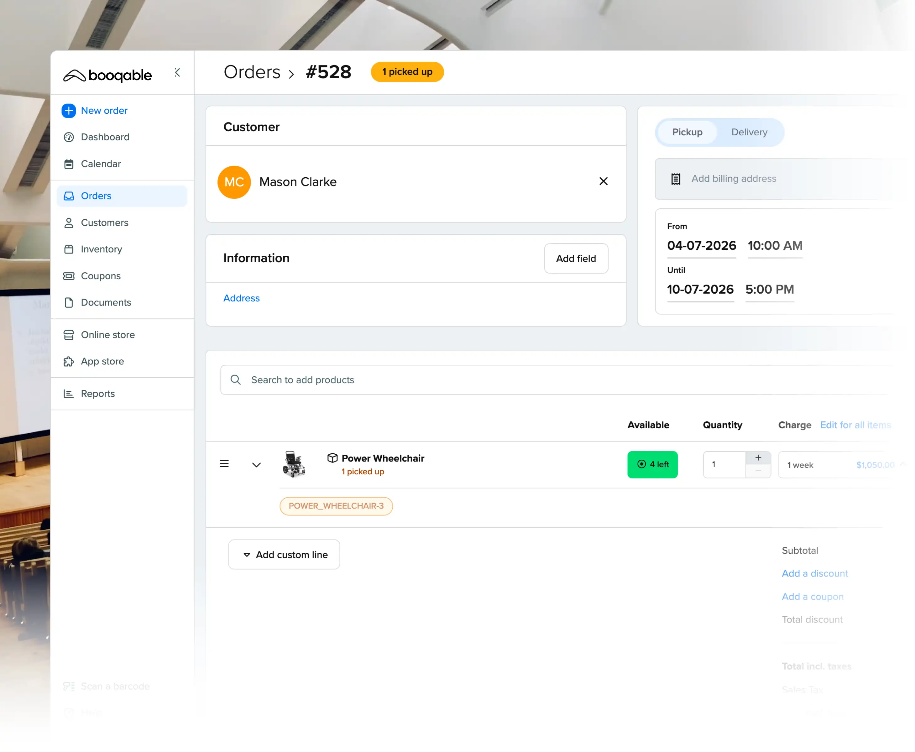 Rental pickup workflow using Booqable's university rental software
