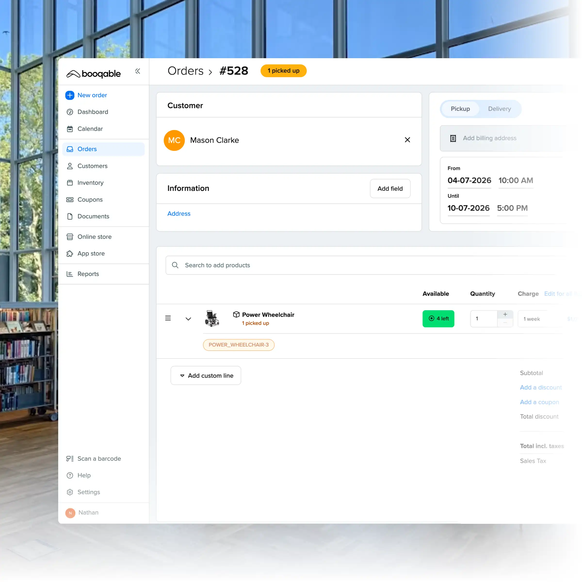 Booqable's university rental software showing order management features
