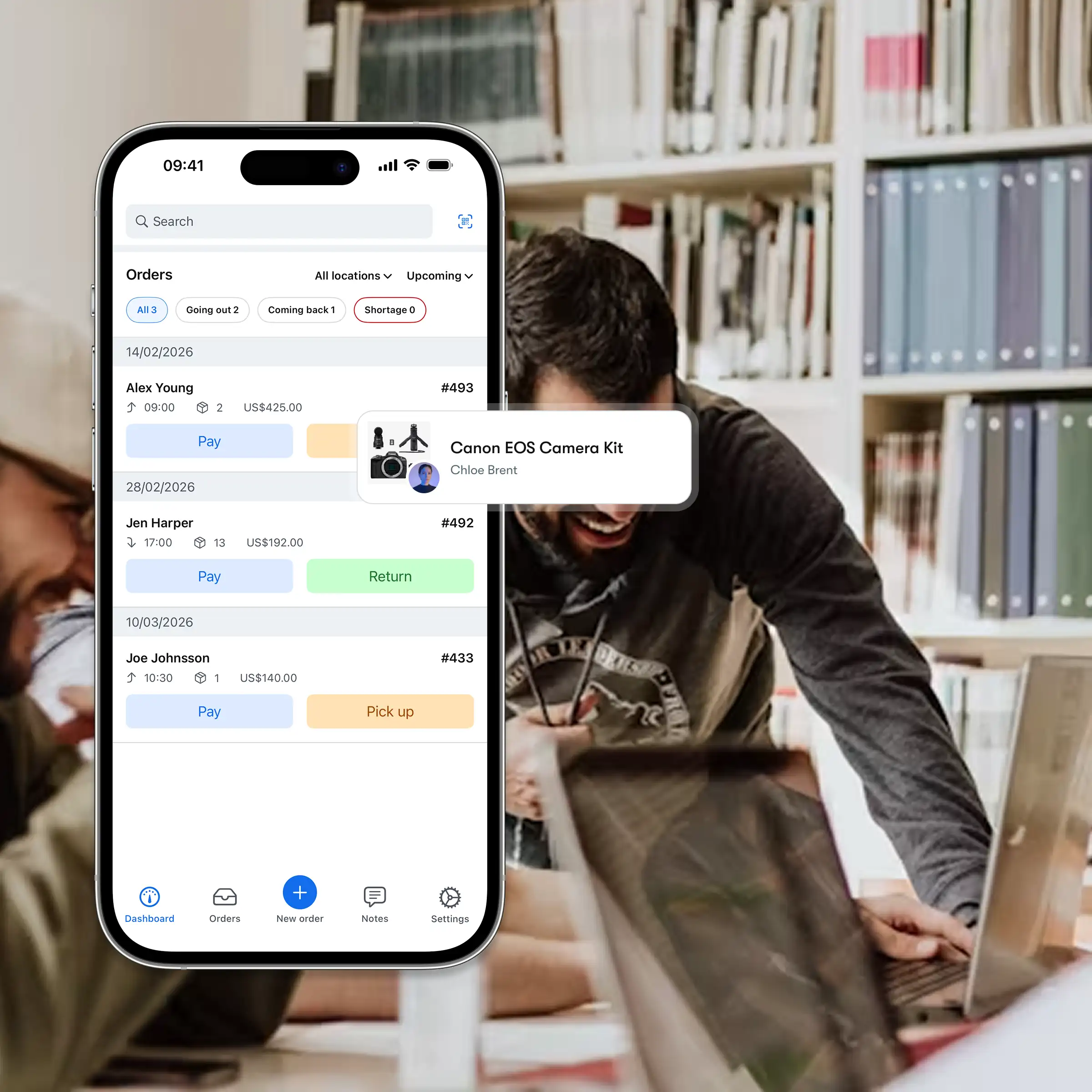 Booqable's university rental software showing mobile app features