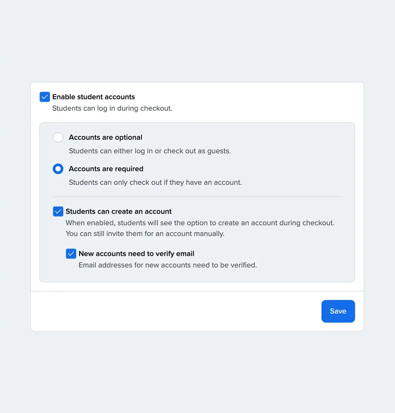 Students logins & checkout fields