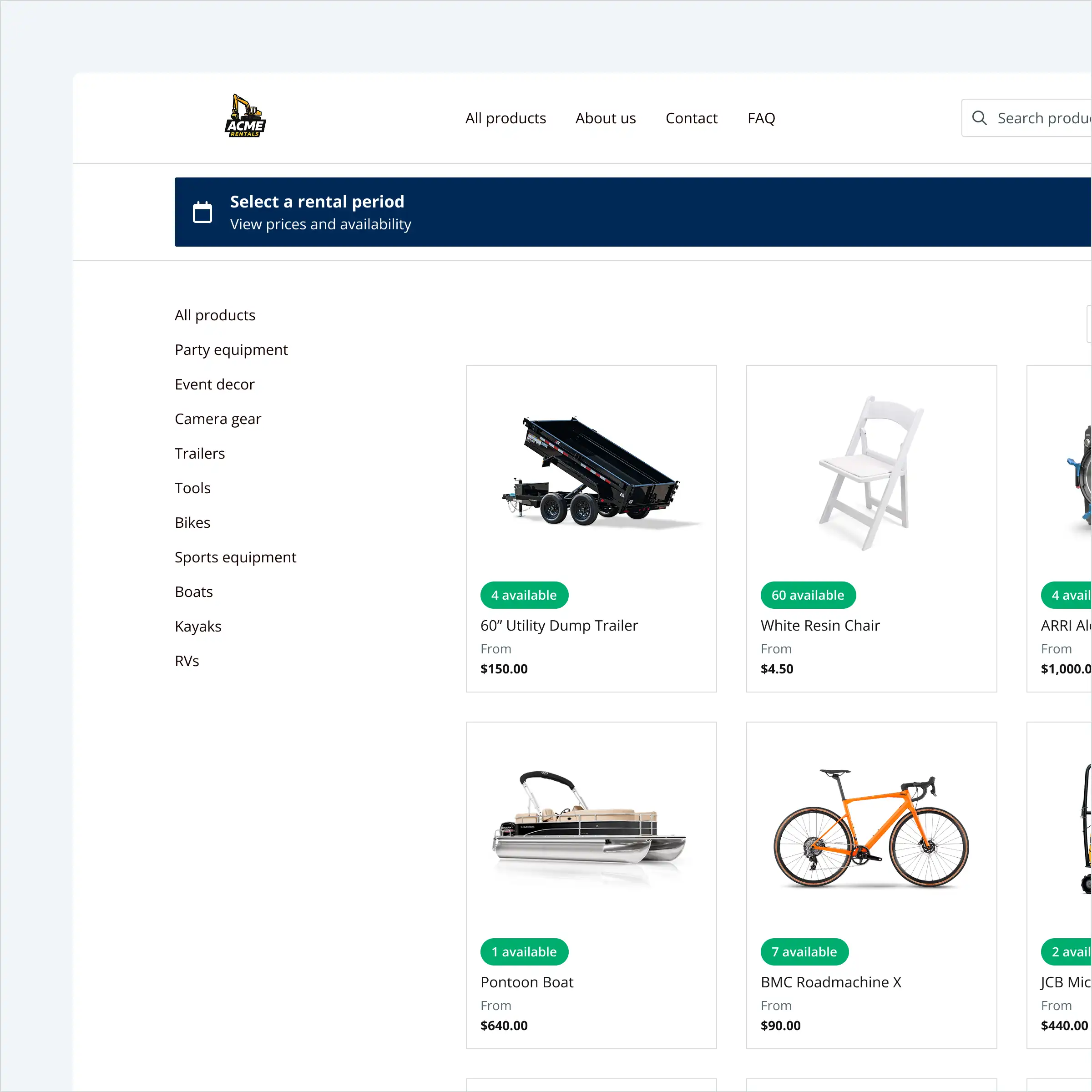Booqable rental website showing available inventory for rentals
