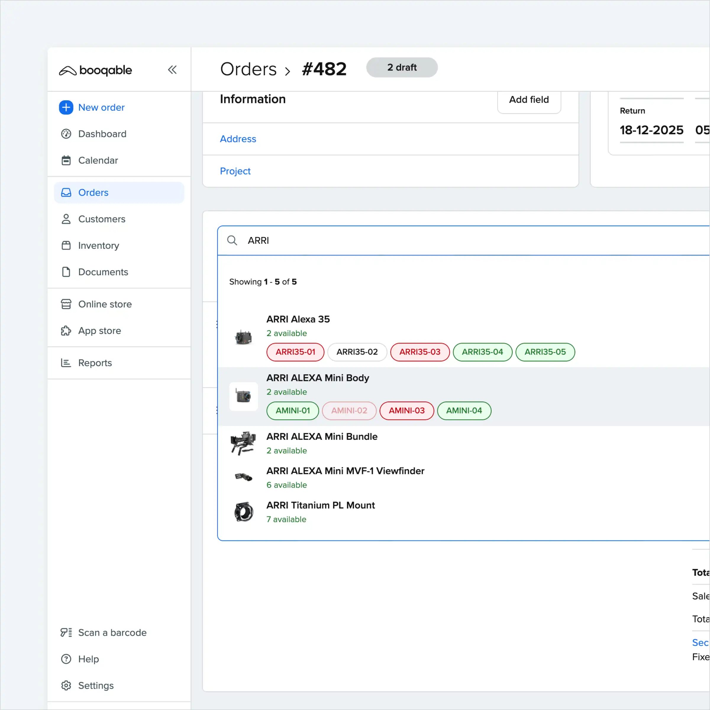 Booqable's order management screen showing available inventory for rentals
