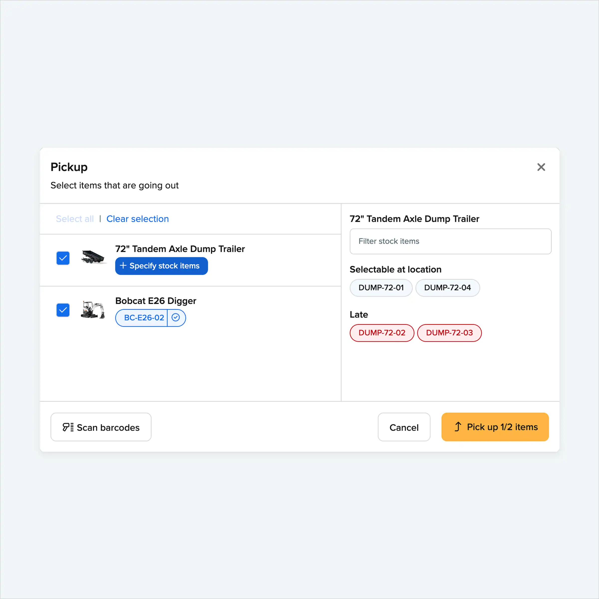 Booqable's order management screen showing available inventory for rentals with a conflict warning