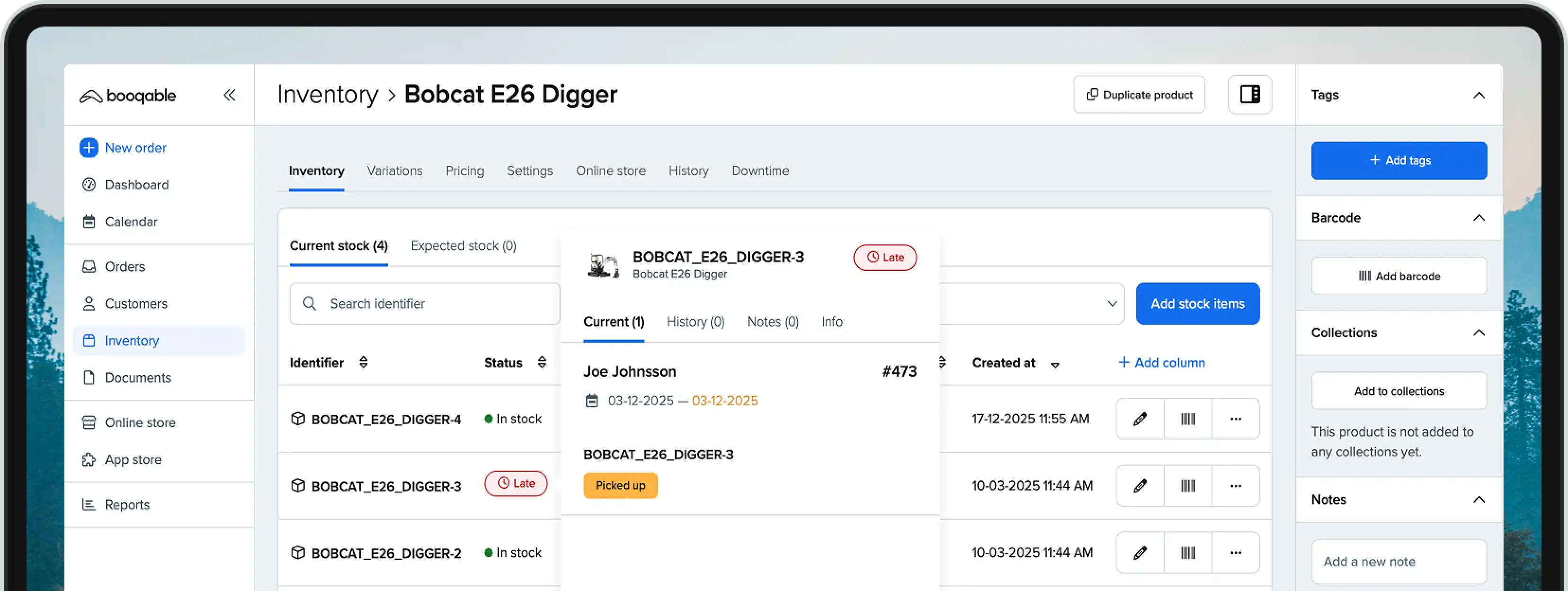 Booqable back-office dashboard showing rental inventory management