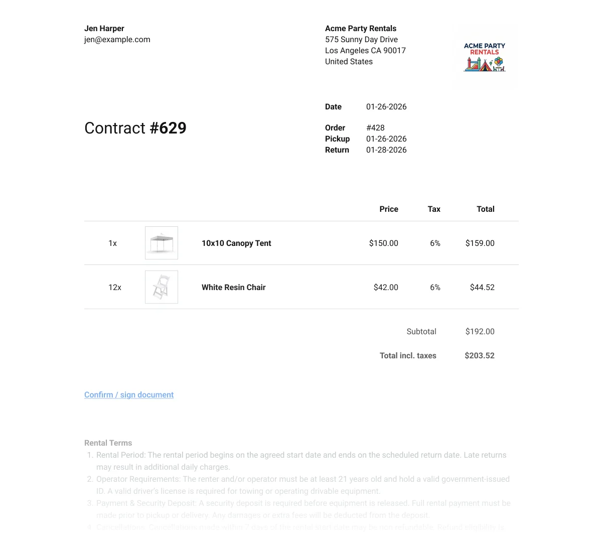 Equipment rental agreement software