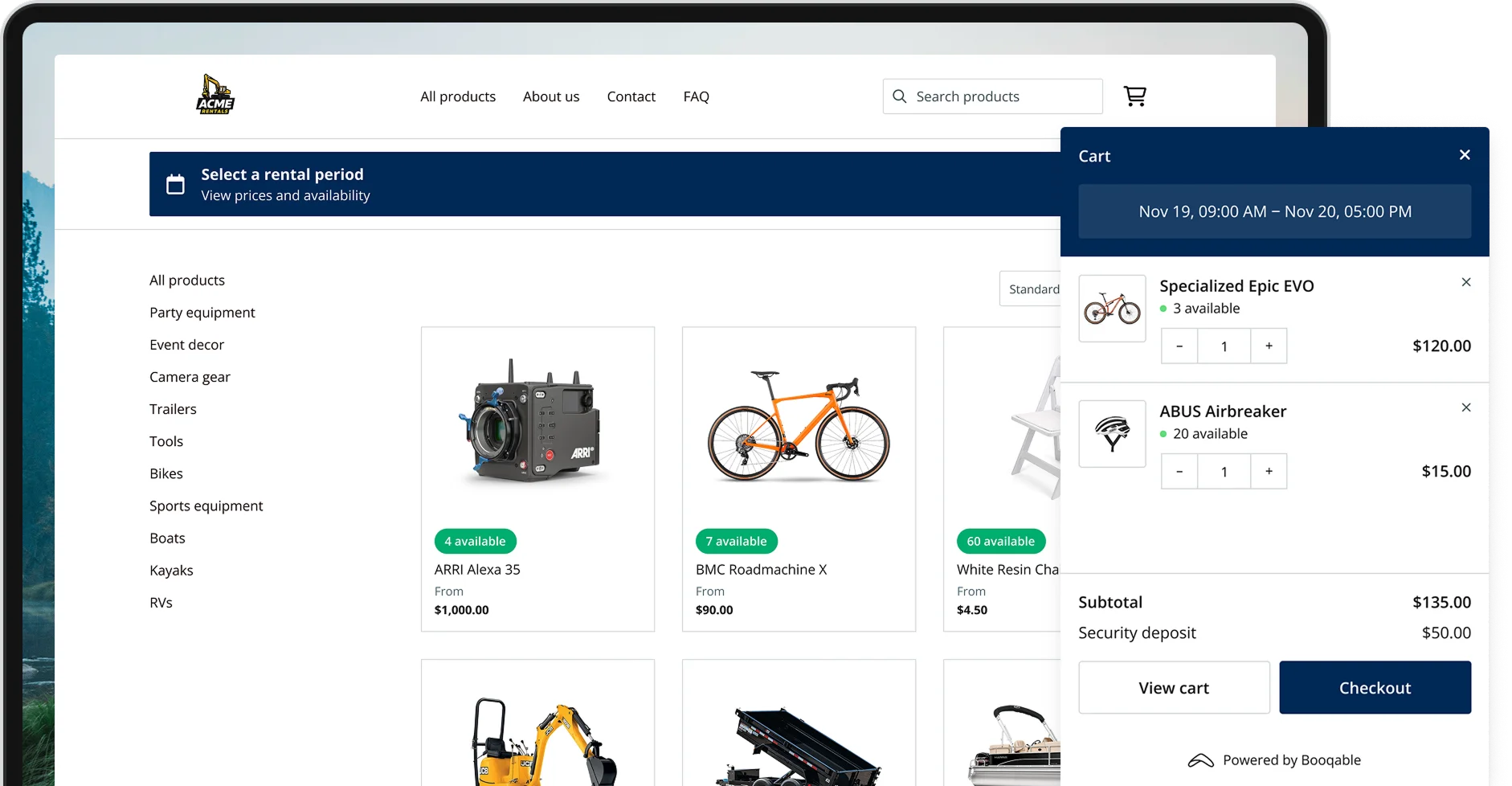 Booqable online booking experience showing a product page with real-time availability and booking options for rentals