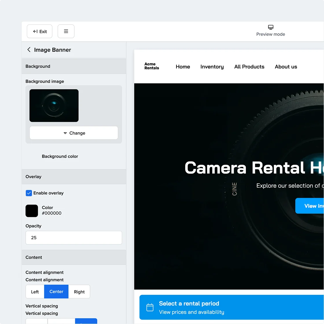 Booqable's website builder for creating an online rental store