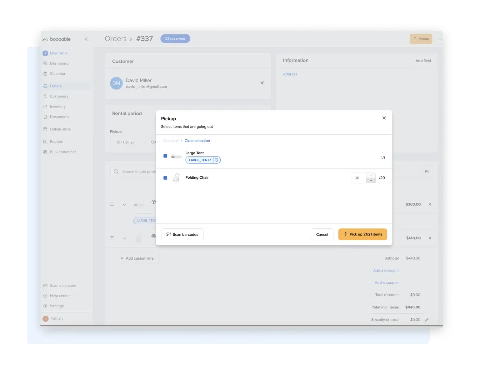 Booqable pickup screen