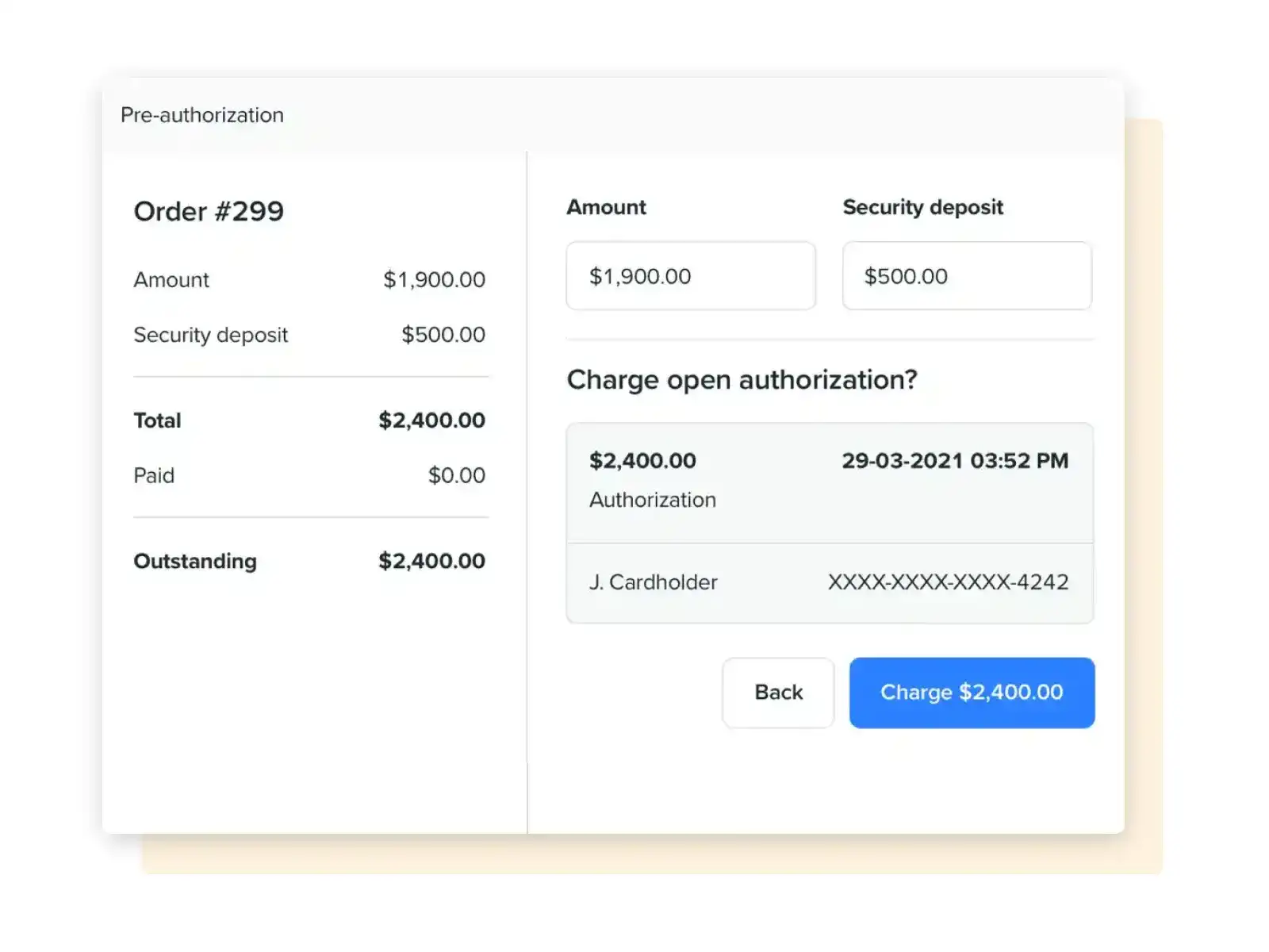 Screenshot of Booqable's pre-authorization feature