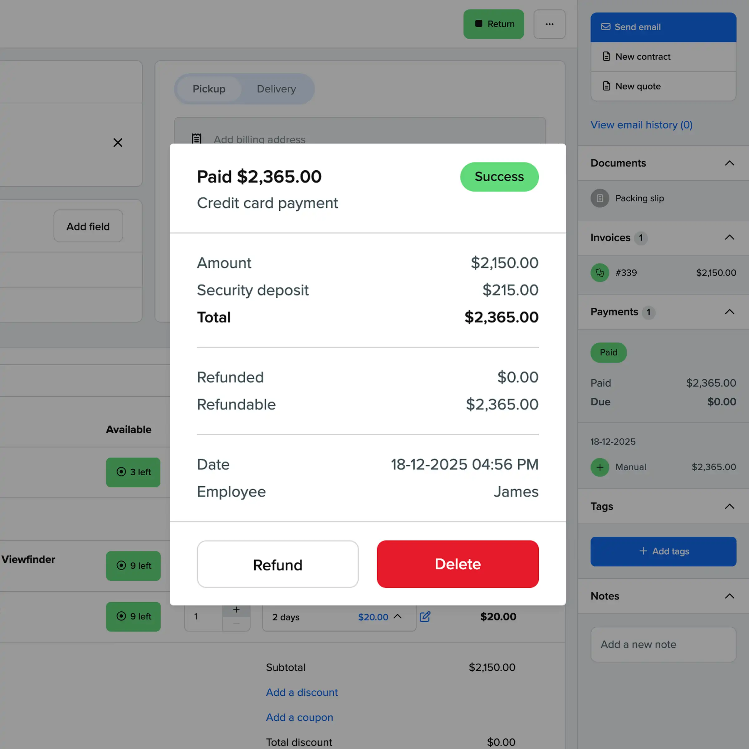 Booqable's payment processing showing a completed transaction