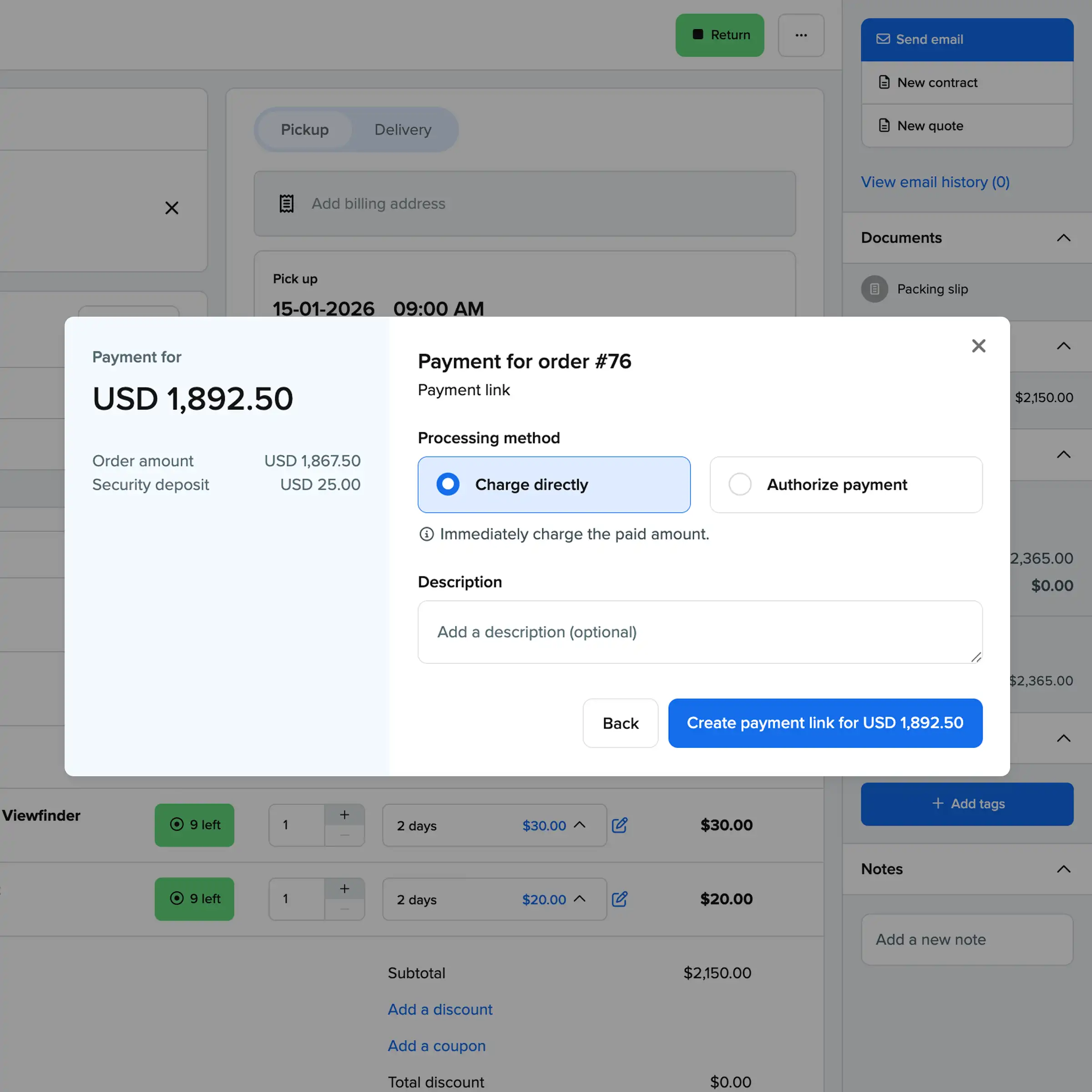 Booqable's order screen showing a payment request for a rental order