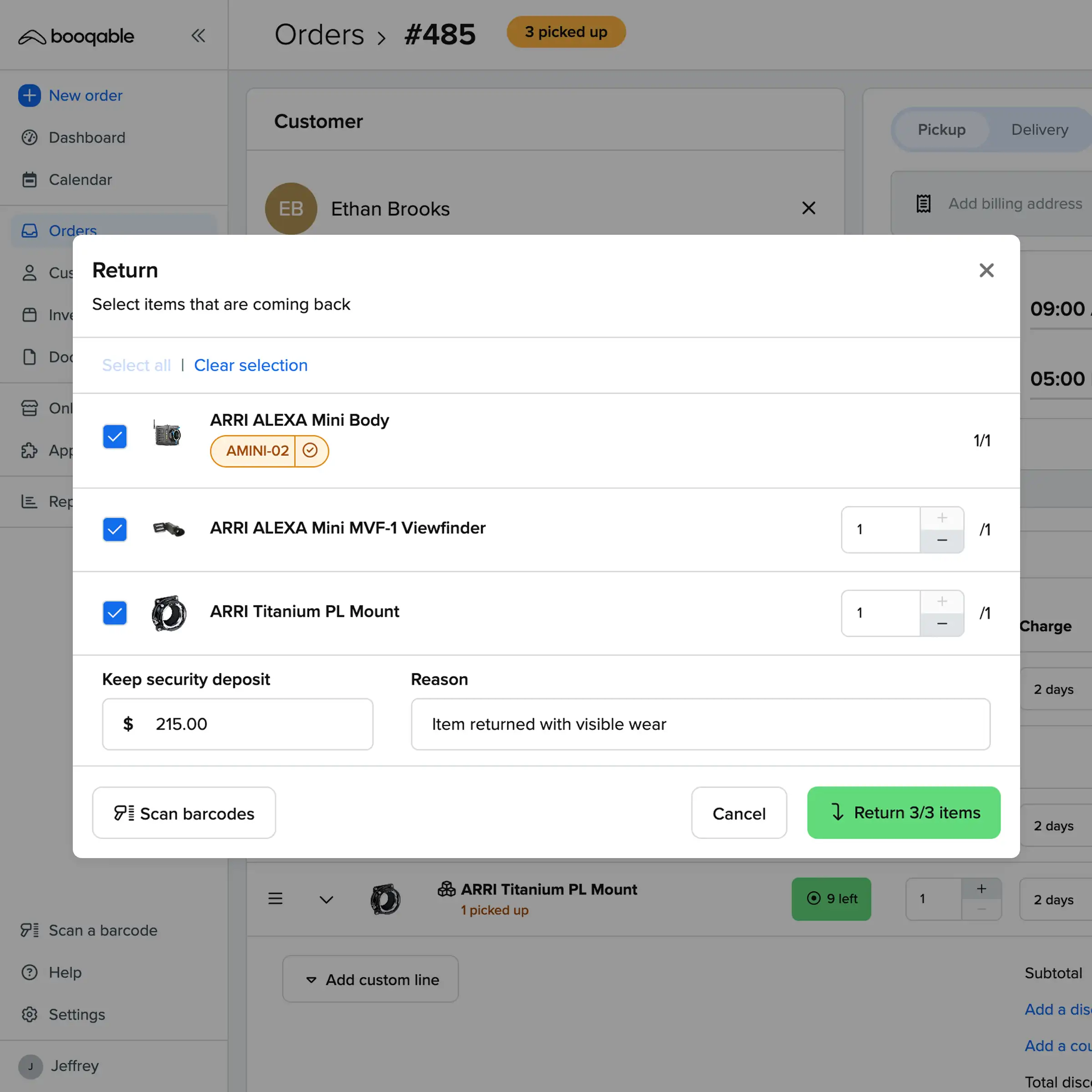 Booqable's return screen showing a security deposit refund for a rental order