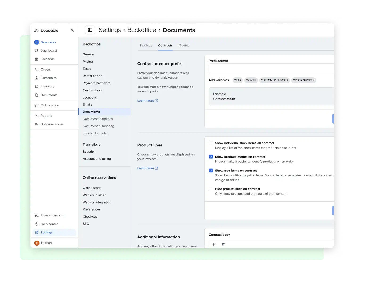 Contract customization screenshot