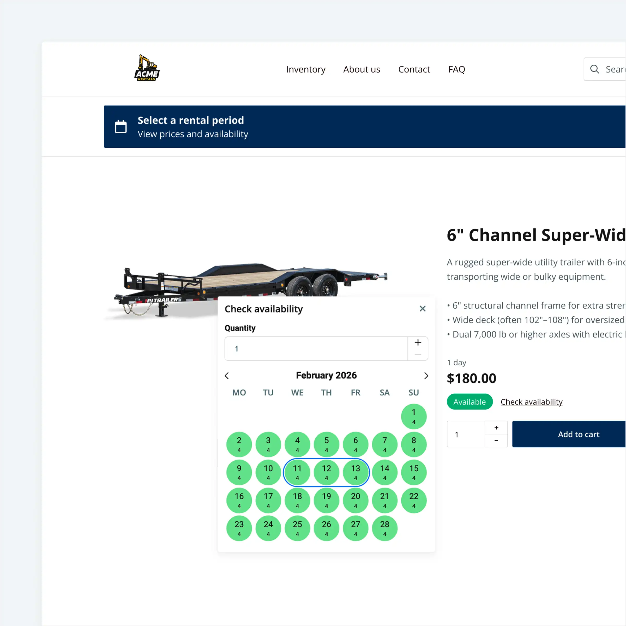 A Booqable rental website showing a product page with real-time availability and an add to cart button
