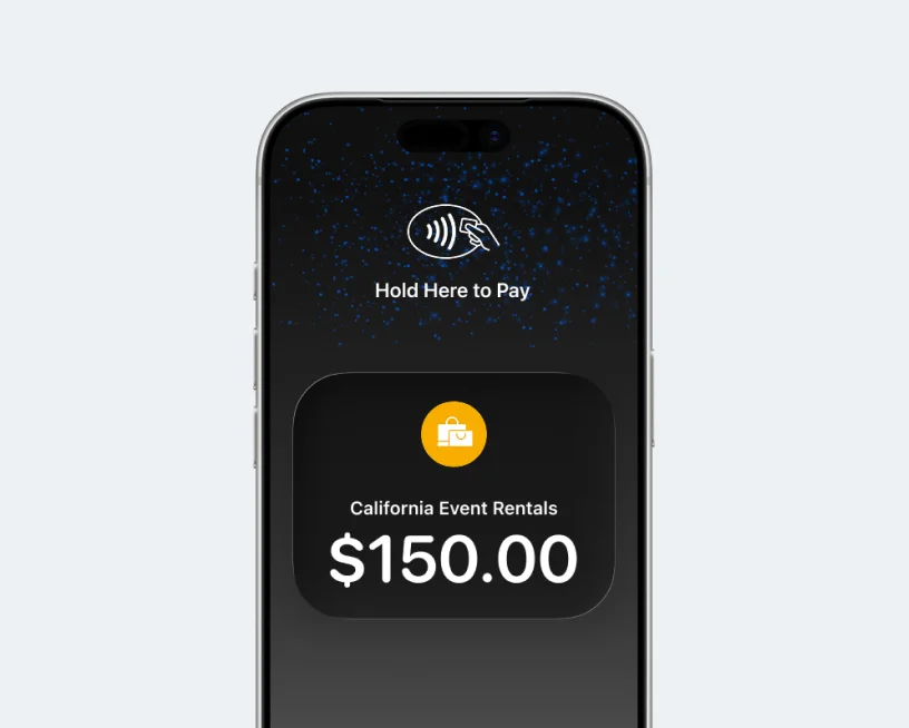 An iPhone showing the tap to pay feature in Booqable's mobile app