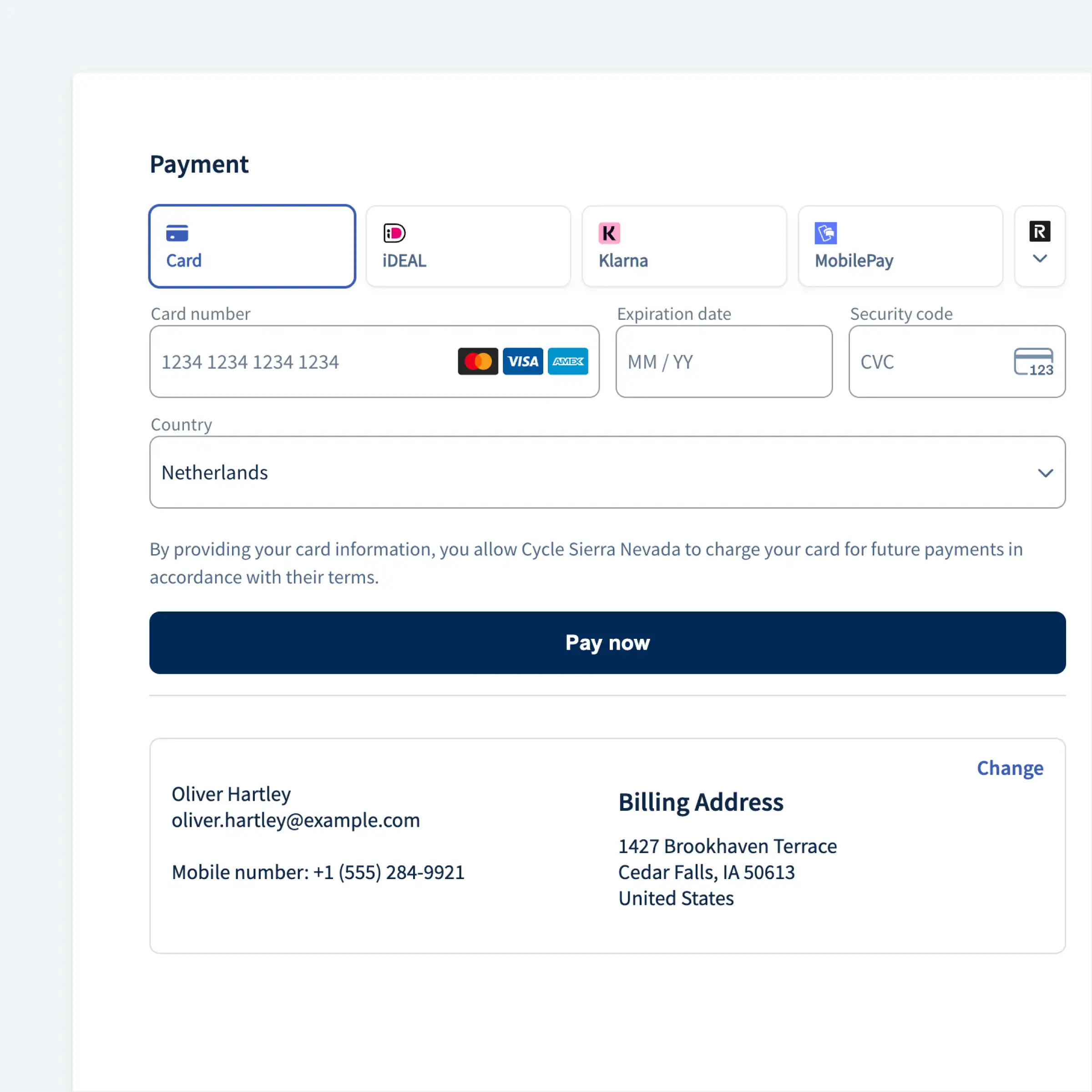 Booqable's checkout page showing a rental order summary with payment options