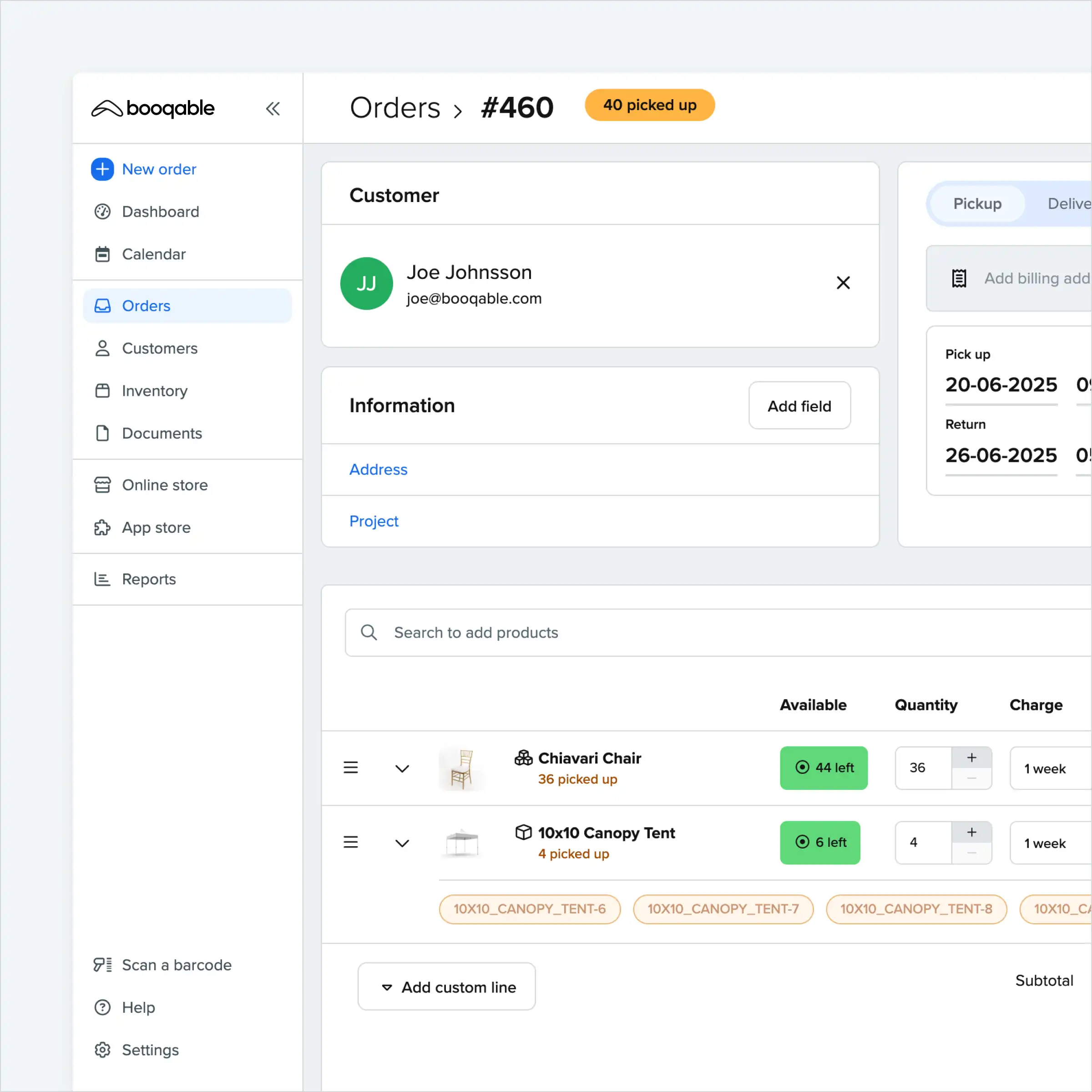 Booqable's order page showing a rental order